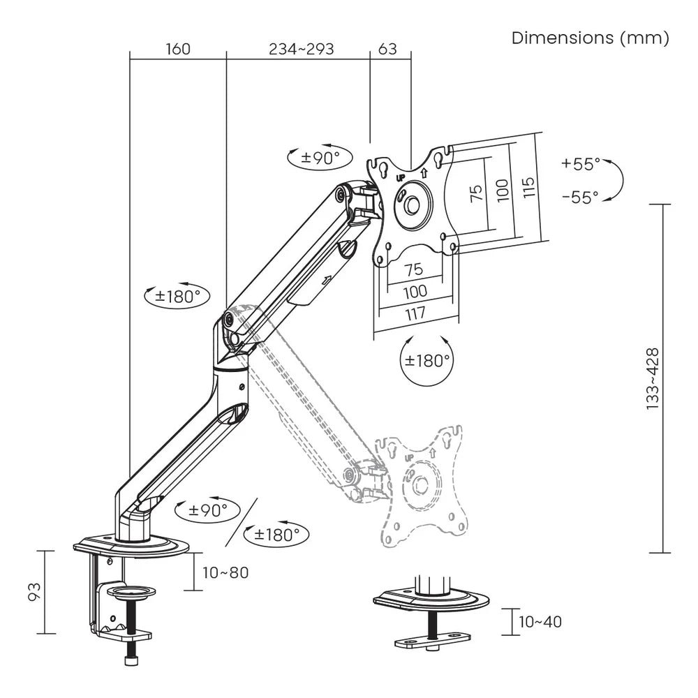 Skill Tech Single Monitor Spring-Assisted Monitor Arm (SH63-C012), product view 4