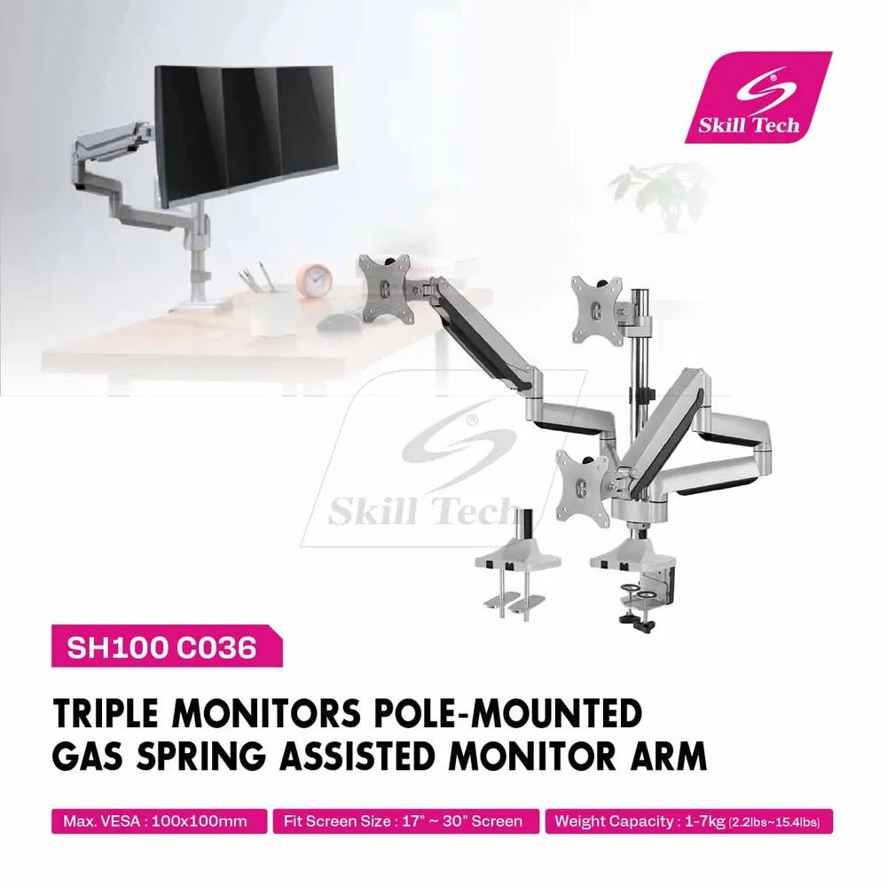 Skill Tech Triple Monitor Pole-Mounted Gas Spring Monitor Arm (SH100-C036), product view 3