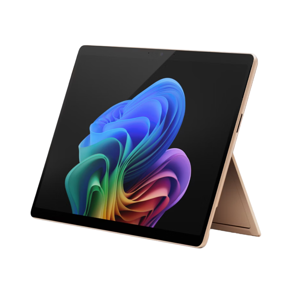 Microsoft Surface Pro 11 in Dune, front three-quarter view with kickstand open.