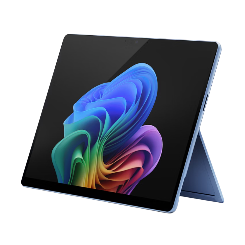 Microsoft Surface Pro 11 in Sapphire, front three-quarter view with kickstand open.