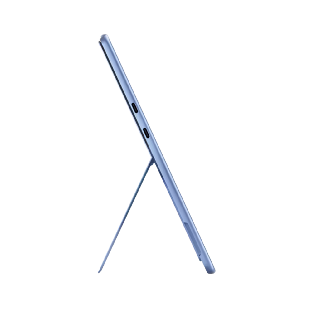 Microsoft Surface Pro 11 in Sapphire, side profile with kickstand open.